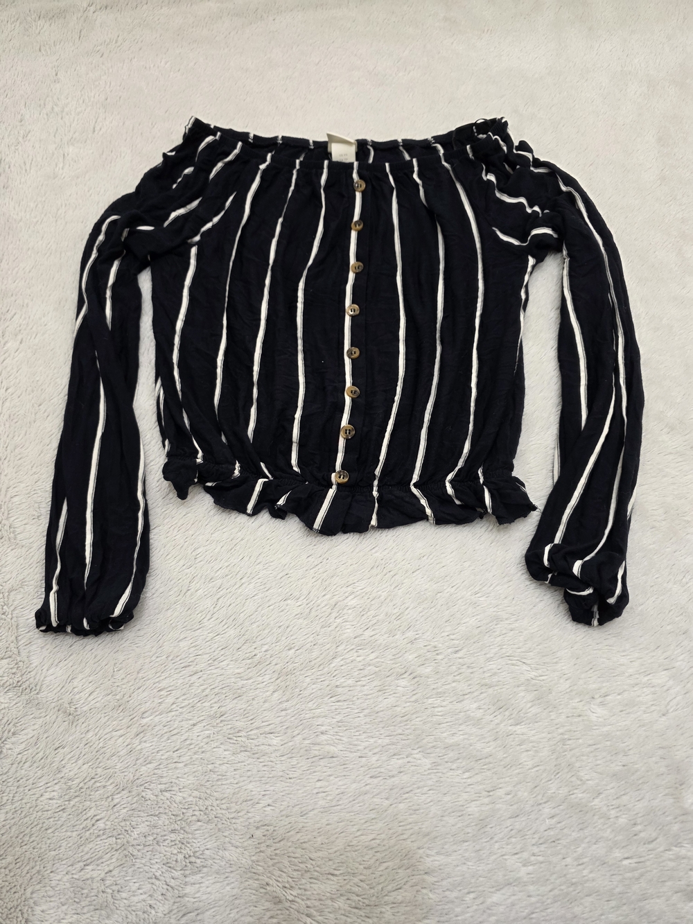 H&M Black and White Off-Shoulder Striped Button-Front Top